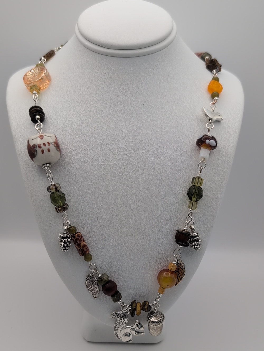 Handmade Autumn Cottagecore Squirrel Stone Beaded Charm Necklace 18"